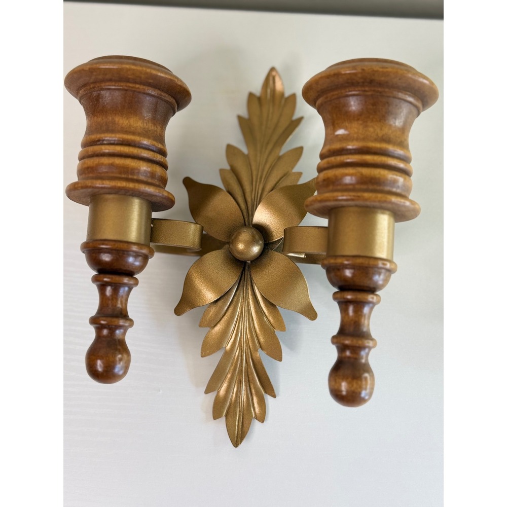 Vintage Candle Wall Sconce Wood Gold Metal Leaf Hollywood Regency Decor
